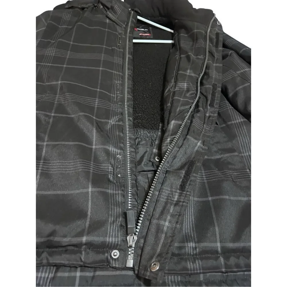ZeroXposur Men's Size L Black/Gray Plaid Print Full Zip Winter Jacket Coat & Hoo